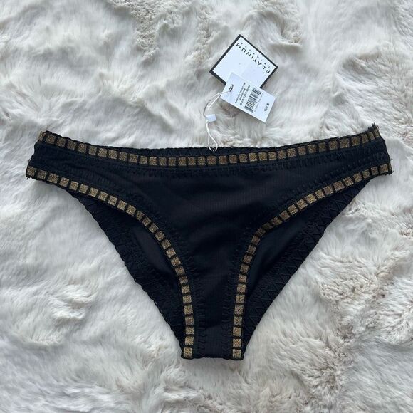 NWT Platinum By Solange Ferrarini Crochet Trim Swim Bikini Bottom Black Gold S - Picture 3 of 10
